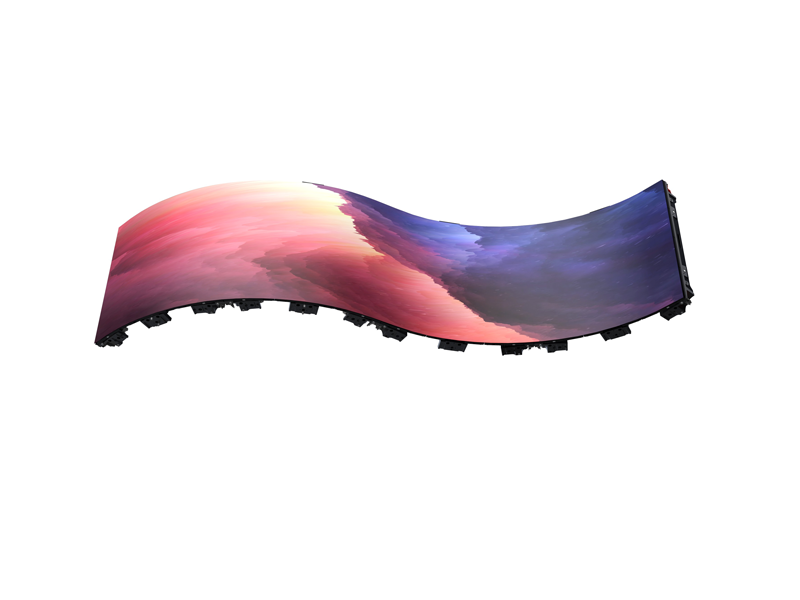 Unilumin URMIII 2.6 MK2 Pro Flex XS vibrant LED Wall module (2.6mm pixel pitch) displaying pink, orange, and purple colors on a flexible, curved screen with a white background—ideal for immersive digital displays and events.