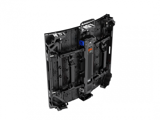 Back view of Unilumin URMIII 2.6 MK2 Pro Flex XS LED Wall module 2.6mm, featuring a black rectangular panel with a top handle, visible internal structure, blue connection port, and orange label near the center for easy identification.