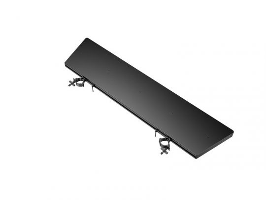 Rectangular black Unilumin Stacking - URMIII 2.6 MK2 Pro Stacking Platform with two adjustable clamp mounts on the underside, displayed on a white background; available for rent.