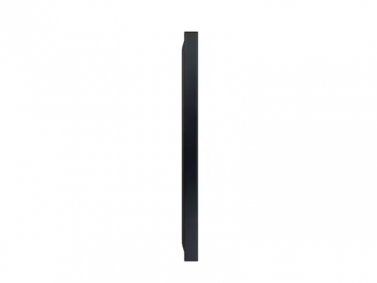 Side view of Samsung The Terrace 75 Zoll Outdoor 4K QLED-TV rental, a slim black rectangular television, displayed against a plain white background.