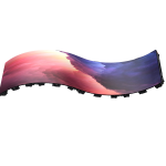 Unilumin URMIII 2.6 MK2 Pro Flex XS – A flexible, curved LED wall module with a 2.6mm pixel pitch, shown displaying a vibrant gradient of pink, orange, and blue colors on its seamless surface; product is isolated on a white background.