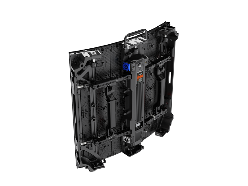 Rear view of the Unilumin URMIII 2.6 MK2 Pro Flex XS Rent LED wall module, showing black and metallic internal structure with a visible support frame, control box, handle, and mounting parts; pixel pitch is 2.6mm for high-resolution display.