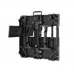 Rear view of the Unilumin URMIII 2.6 MK2 Pro Flex XS rental LED wall module, 2.6mm pitch, in black. The rectangular panel features visible mechanical parts, handles, mounting brackets, and a fold-out section on the left side, all displayed against a plain white background.