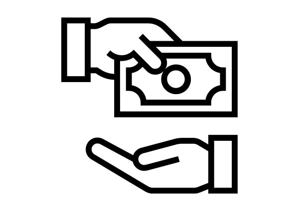 Black and white line drawing showing one hand handing a paper bill to another open hand, representing payment or financial transaction. Simple illustration ideal for payment, money transfer, or finance-related content.