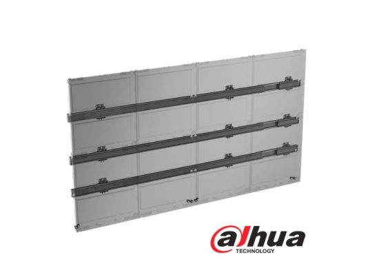 Dahua Technology transparent LED display panel with multiple rectangular sections, photographed at an angle; features a lightweight, see-through design ideal for indoor advertising. The Dahua logo appears in the bottom right corner.