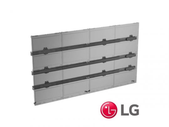 LG Transparent OLED Display Panel: A clear, rectangular screen featuring three slim horizontal metal bars, shown against a white background with the LG logo in the lower right corner. Ideal for modern display solutions.