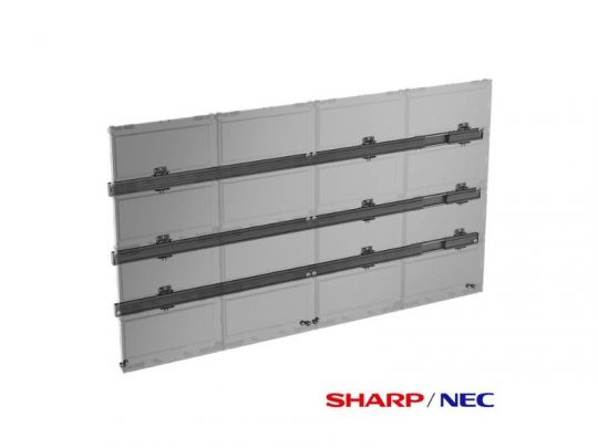 Sharp/NEC transparent modular display panel with three horizontal rows, featuring a clear glass design and the Sharp/NEC logo in the bottom right corner. Ideal for innovative digital signage and retail displays.
