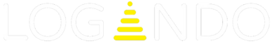 LOGINDO logo featuring the word LOGINDO in bold white capital letters on a black background; the letter I is replaced by a yellow, stacked cone-shaped graphic.