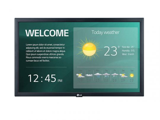 Digital display screen showing a welcome message, current time at 12:45 PM, and todays weather with a sunny icon, temperature of 23°C, wind speed, humidity percentage, and a five-day weather forecast. Ideal for smart home or office use.