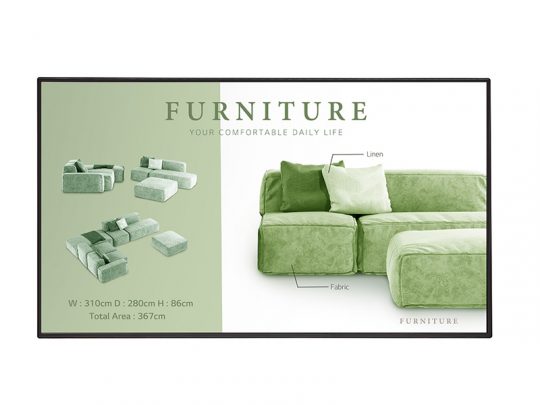 Green modular sofa set by FURNITURE, shown in a spacious living area. The sectional sofa features labeled sections for linen and fabric upholstery, providing customizable comfort. Sofa dimensions: width 310cm, depth 280cm, height 86cm; total area covers 367cm². Promotional text reads: FURNITURE - Your comfortable daily life.