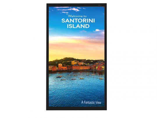 Digital sign showing Welcome to Santorini Island above a sunset coastline with colorful hillside buildings, blue water, and boats; bottom text reads A Fantastic View.