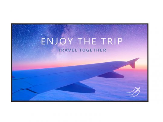 View from an airplane window showing a white airplane wing above fluffy clouds at sunset, with warm orange and blue sky. Overlaid text reads “Enjoy the Trip” and “Travel Together.” Perfect for travel inspiration or airline ads.