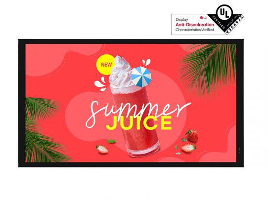Digital display featuring a glass of pink summer juice topped with whipped cream, a small umbrella, strawberries, and palm leaves on a vibrant red background. White text reads NEW summer JUICE and a UL anti-discoloration certification badge is visible in the corner. Summer beverage product promotion for visually impaired users.