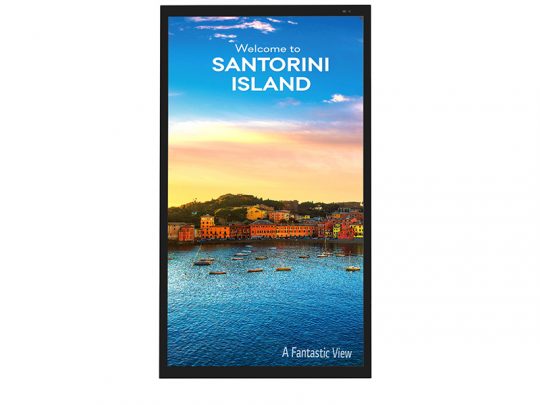 Digital display featuring a scenic view of colorful buildings on Santorini Island by the water at sunset, with boats in the foreground and overlay text reading Welcome to SANTORINI ISLAND and A Fantastic View.