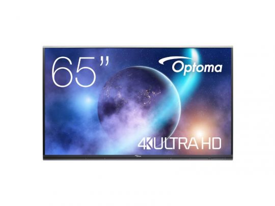 Optoma 65-inch 4K Ultra HD TV showing a vivid cosmic scene with a planet and colorful clouds; the screen displays the words Optoma, 65, and 4K ULTRA HD. Perfect for immersive home entertainment.