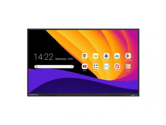 Interactive touchscreen smart board display featuring a vibrant background, multiple app icons, a digital clock showing 14:22, and the date Wednesday, 16/01, ideal for classrooms or office presentations.