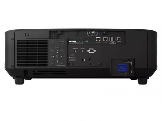 Rear view of the Epson EB-PQ2216B 16,000 Lumen UHD 4K 3-Chip LCD Laser Projector showing multiple input/output ports, including HDMI, USB, and Ethernet connectors, as well as control buttons, power button, and ventilation panel.