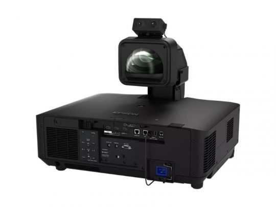 Epson EB-PQ2216B black 16,000 lumen 4K UHD 3-chip LCD laser projector with top-mounted large lens, multiple rear ports and control buttons, and an attached webcam or sensor above the lens.