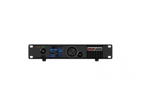 Front view of the Import 83435 audio amplifier in black, showing a digital display, large control knob, power button, USB port, and ventilation grills; KU20 model name is visible on the right side of the front panel.