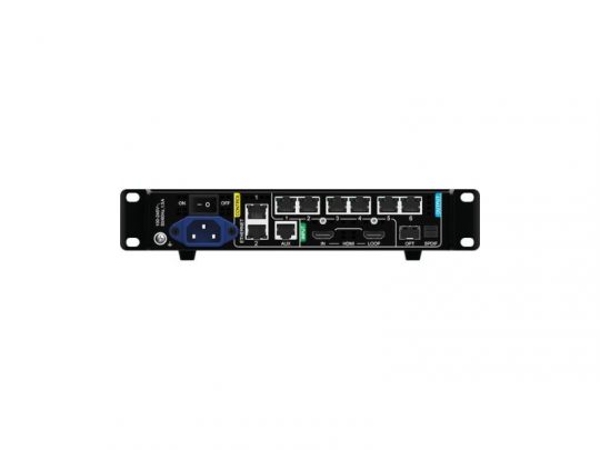 Rear view of the NovaStar KU20 All-In-One LED Controller showing multiple Ethernet ports, a power socket, clearly labeled control ports and buttons, plus sturdy mounting brackets on both sides. The NovaStar KU20 (new model) is designed for professional LED display management.