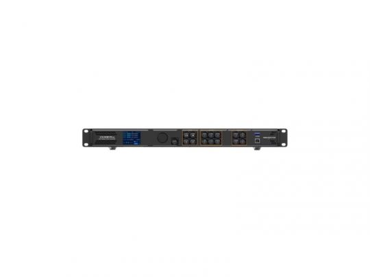 Rear view of Import placeholder for 83490 rackmount unit—shown in black with multiple ports, including Ethernet, power connectors, USB ports, and switches—displayed against a white background. Ideal for server or network equipment setups.