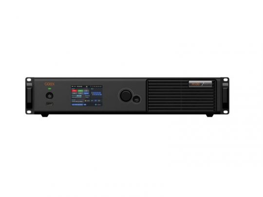 Front view of the Import 83401 rackmount audio processor, featuring a black metal chassis with a digital display screen, control knob, ventilation grille, and clearly labeled buttons; ideal for professional broadcast and audio processing applications.