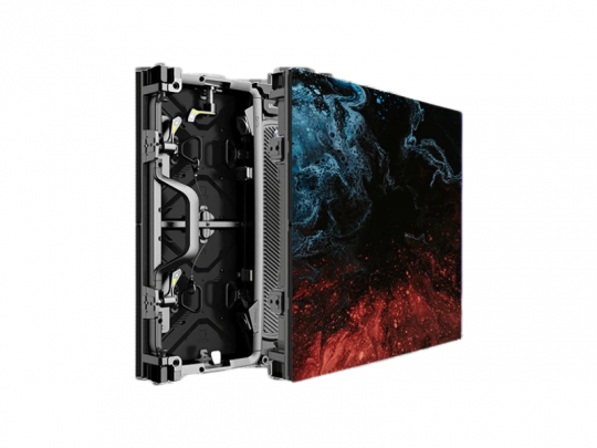 Import placeholder for 83330 large LED display panel with red and blue abstract image, shown partially from the side and back to reveal its internal structure and mounting components.