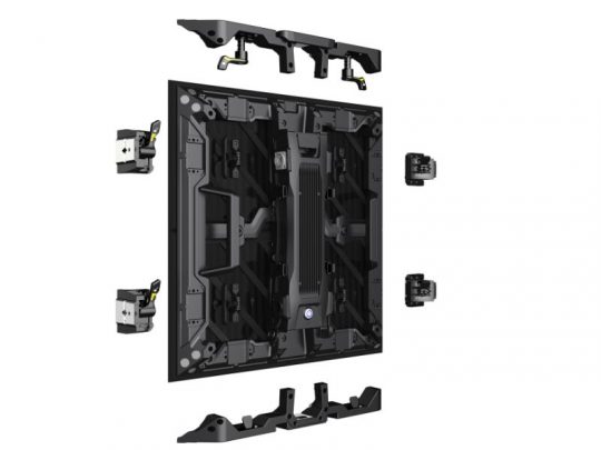 Exploded digital rendering of Import placeholder for 68055, a sleek black rectangular electronic device, with its internal brackets and components displayed separately around it to illustrate how the parts assemble together. Ideal for understanding the devices construction and layout.