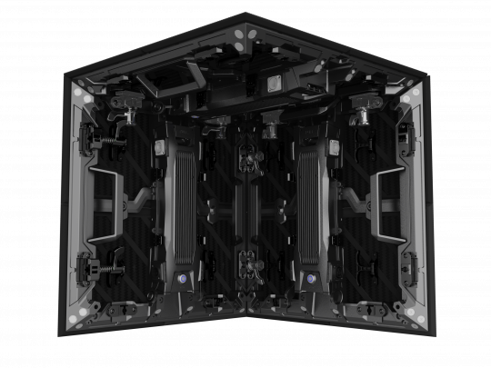 Close-up of two connected Unilumin URMIII 03 MK2 Pro 3.9mm LED Wand Modul displays (45° XC, 0.50x0.50m), highlighting their internal structure, wiring, and mounting hardware against a black background.