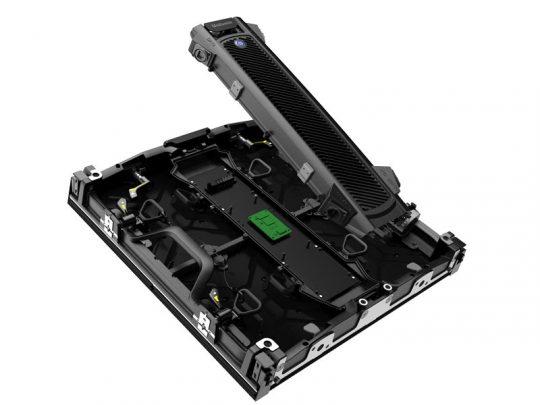 LED Wand Modul 2.6mm – Unilumin URMIII 2.6 MK2 Pro (Neuware) black rectangular LED display module with a hinged top panel open to show internal circuit boards, featuring a textured exterior and geometric detailing.