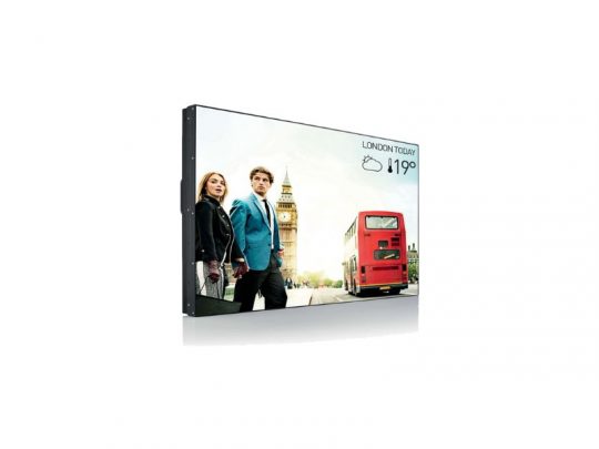 Smart digital display showing a man and woman standing near Big Ben and a red double-decker bus in London, with the screen displaying London Today, 19°C plus a sun and cloud weather icon. The image highlights the device’s real-time weather updates for London on its interface.