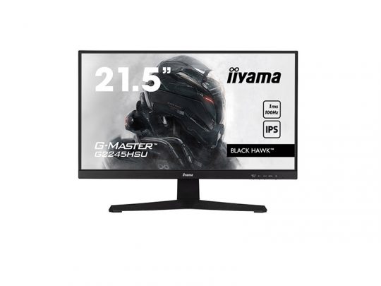 21.5-inch iiyama G2245HSU-B2 Gaming Series Monitor displaying a futuristic armored character on screen; monitor specs shown include 1ms response time, 100Hz refresh rate, and IPS panel.