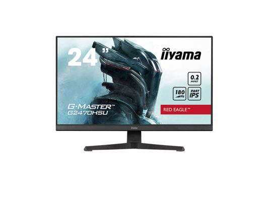 Front view of a 24-inch iiyama G-Master Red Eagle gaming monitor, model G2470HSU, showing a sci-fi character on screen. Key features shown: 0.2 ms response time, 180 Hz refresh rate, Fast IPS panel—ideal for fast-paced gaming and vivid visuals.