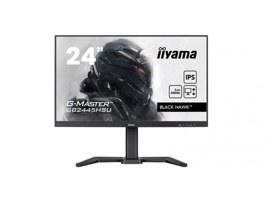 24-inch iiyama G-Master Black Hawk GB2445HSU gaming monitor showing a futuristic armored character on screen; features highlighted include IPS display, 1ms response time, and FreeSync technology.