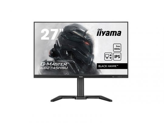 27-inch iiyama G-Master GB2745HSU Black Hawk gaming monitor showing a futuristic armored figure on screen; features highlighted include 1ms response time, 100Hz refresh rate, and IPS panel.