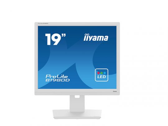 The image shows a white iiyama ProLite B1980D computer monitor with a blue screen displaying the model name, 19 iiyama ProLite B1980D, and an LED icon. The monitor has a clean, modern design suitable for home or office use.