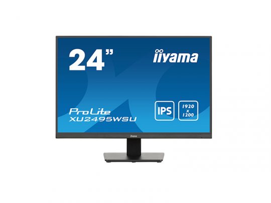 24-inch iiyama ProLite XU2495WSU monitor with slim bezel, IPS display, and 1920 x 1200 resolution, shown on a stand against a white background. The screen features a thin black frame and minimalist modern design.