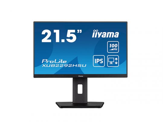 Iiyama ProLite XUB2292HSU 21.5-inch computer monitor with slim bezels, rectangular stand, and blue screen showing specs—21.5-inch size, 100 Hz refresh rate, IPS panel.