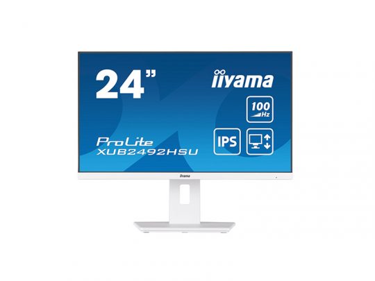 24-inch iiyama ProLite XUB2492HSU computer monitor with white stand, shown from the front. The blue screen displays specs: 100Hz refresh rate and IPS panel.