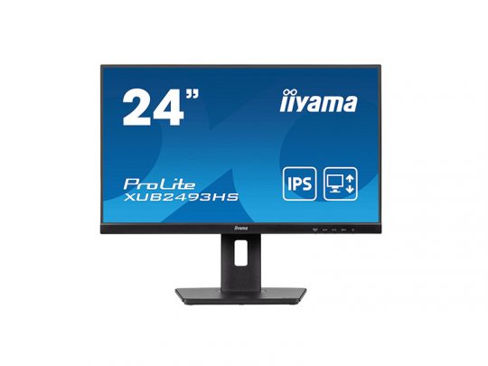 24-inch iiyama ProLite XUB2493HS IPS monitor with a slim black stand, shown against a blue background; the screen displays the model name and IPS feature.