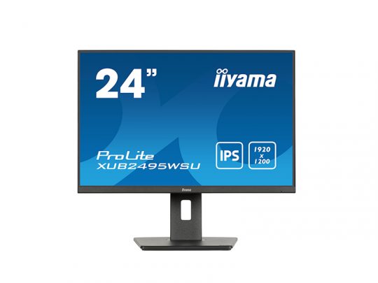 24-inch iiyama ProLite XUB2495WSU computer monitor with a flat, rectangular screen, slim black bezels, and an on-screen display showing IPS panel type and 1920x1200 resolution. Ideal for office or home use.