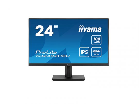24-inch iiyama ProLite XU2492HSU monitor with a blue screen highlighting its features—100Hz refresh rate, IPS panel, and USB hub. The monitor has thin bezels and sits on a modern rectangular stand.
