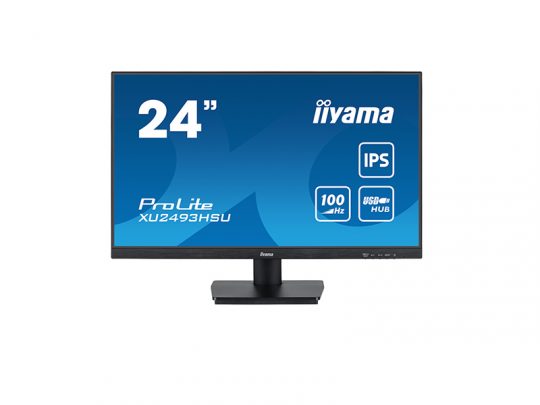 24-inch iiyama ProLite XU2493HSU computer monitor on white background with a blue screen displaying key features: IPS panel, 100Hz refresh rate, and built-in USB hub.