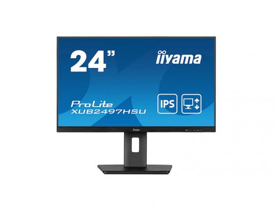 24-inch iiyama ProLite XUB2497HSU computer monitor with a blue screen displaying the model name and IPS panel icon, mounted on a black stand and shown against a white background.