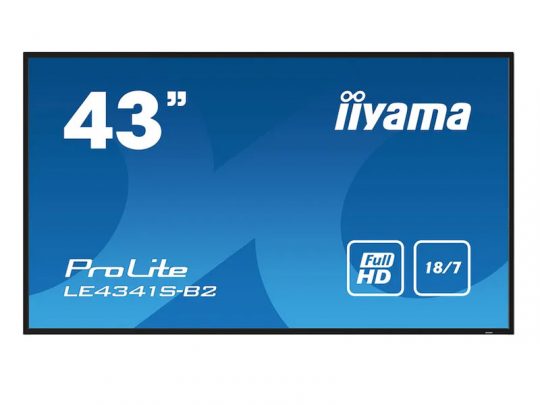 Iiyama ProLite LE4341S-B2 43-inch flat-screen monitor displaying logo and features, including Full HD resolution and 18/7 usage icons, on a blue graphic background.
