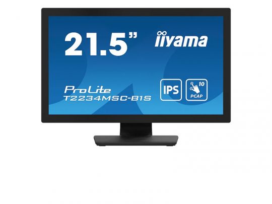 21.5-inch iiyama ProLite T2234MSC-B1S touch monitor with IPS display shown on a white background, displaying product size, brand name, and model with IPS and PCAP icons on the screen.