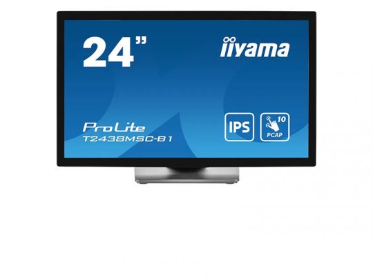 Product alt text: 24-inch iiyama ProLite T2438MSC-B1 monitor with IPS display and 10-point PCAP touchscreen, shown angled on a stand against a white background; features slim bezels and modern design.