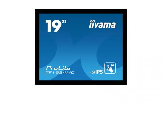 19-inch iiyama ProLite TF1934MC IPS touchscreen monitor with blue screen displaying model name, features, and a touch icon highlighting 10-point touch capability.