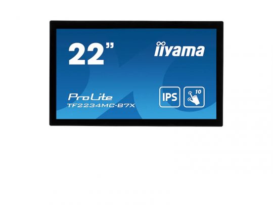 22-inch iiyama ProLite TF2234MC-B7X monitor with IPS display and 10-point touch, shown on a white background; features a slim black bezel and flat touchscreen.