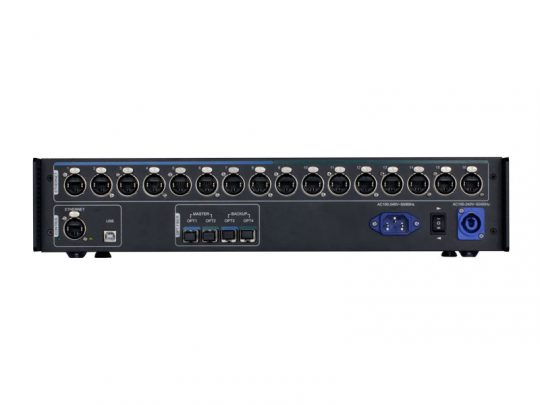 Back panel of the LED Glasfaser Verteiler 16-fach - NovaStar CVT4K-S, showing multiple XLR inputs, USB and network ports, optical fiber connections, plus a blue power switch and AC input socket on the right side; professional LED video distribution hardware for high-speed data transmission.